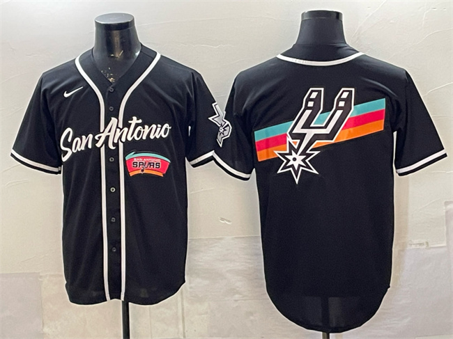Men's San Antonio Spurs Team Big Logo Black Stitched Baseball Jersey